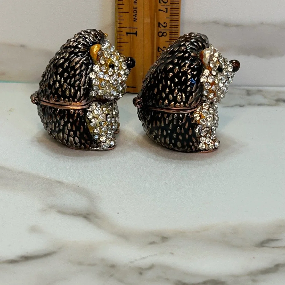 Vintage Style Crystal Hedgehog Trinket Box Set with Mini Owl Figurine 2pc